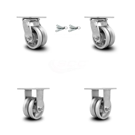 Service Caster 4 Inch V Groove Semi Steel Caster Set with Roller Bearings 2 Swivel Lock 2 Rigid SCC-30CS420-VGR-BSL-2-R-2